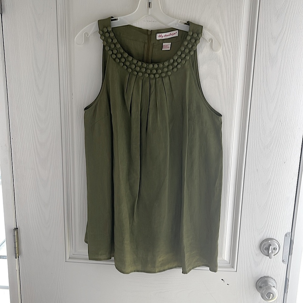 Lily Stanhope Olive Green Linen Tunic w/Beaded Collar, Large - Picture 2 of 4